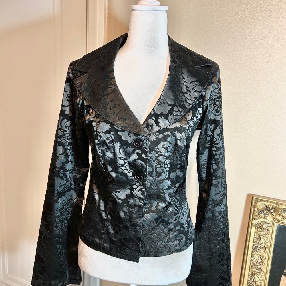 Vintage Wrapper Black Velvet Satin Brocade Floral Patterned Jacket